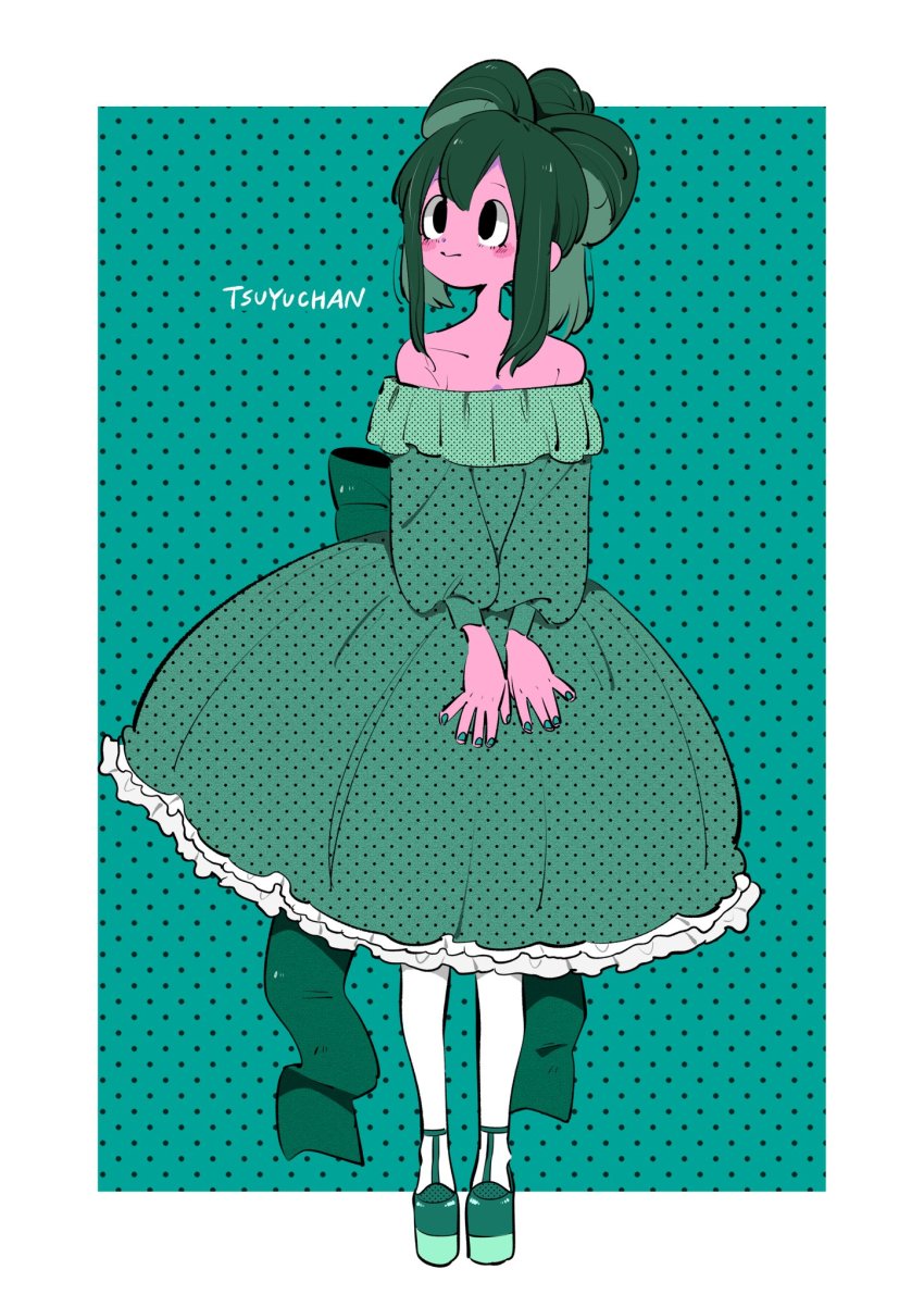 1girl asui_tsuyu boku_no_hero_academia bow dress green_dress green_hair highres off_shoulder platform_shoes ribbon solo thighhighs white_thighhighs