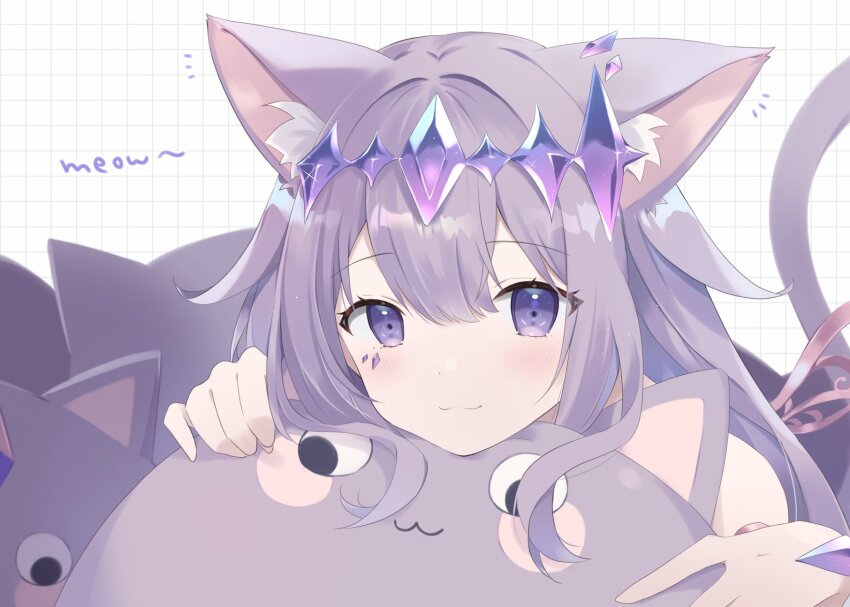 1girl :3 animal_ears blush cat_ears cat_tail crown english_text fairy_wings female_focus grid_background hair_flaps highres hololive hololive_english kemonomimi_mode koseki_bijou looking_at_viewer loveyuzu pebble_(koseki_bijou) purple_eyes purple_hair smile solo tail virtual_youtuber white_background wings