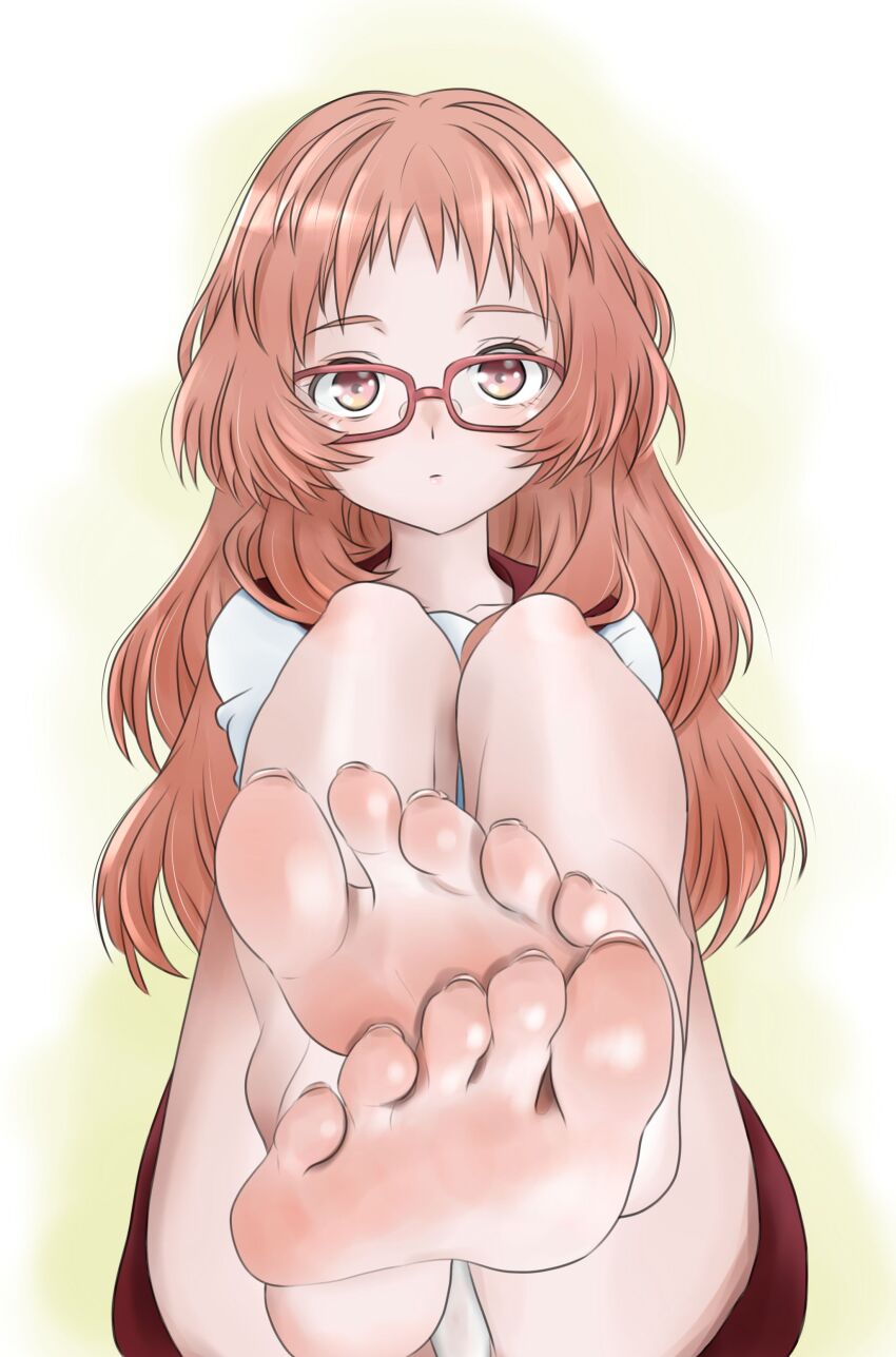 absurdres bare_legs barefoot brown_eyes brown_hair closed_mouth collarbone feet feet_up foot_focus glasses highres long_hair looking_at_viewer mie_ai panties pantyshot red-framed_eyewear red_skirt school_uniform shirow_(mha03133) sitting skirt soles sukinako_ga_megane_wo_wasureta thighs toes underwear white_panties