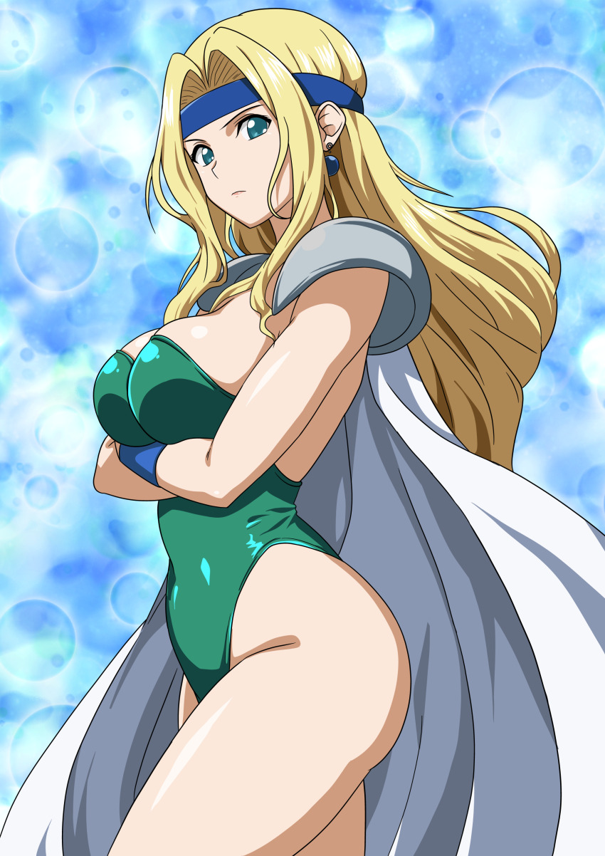 1girl absurdres armor bare_legs blonde_hair blue_headband breasts cape celes_chere covered_navel crossed_arms earrings final_fantasy final_fantasy_vi green_leotard headband highleg highleg_leotard highres jewelry large_breasts leotard looking_at_viewer shoulder_armor solo strapless strapless_leotard thighs white_cape wristband yuuyuu_(3jjbn)