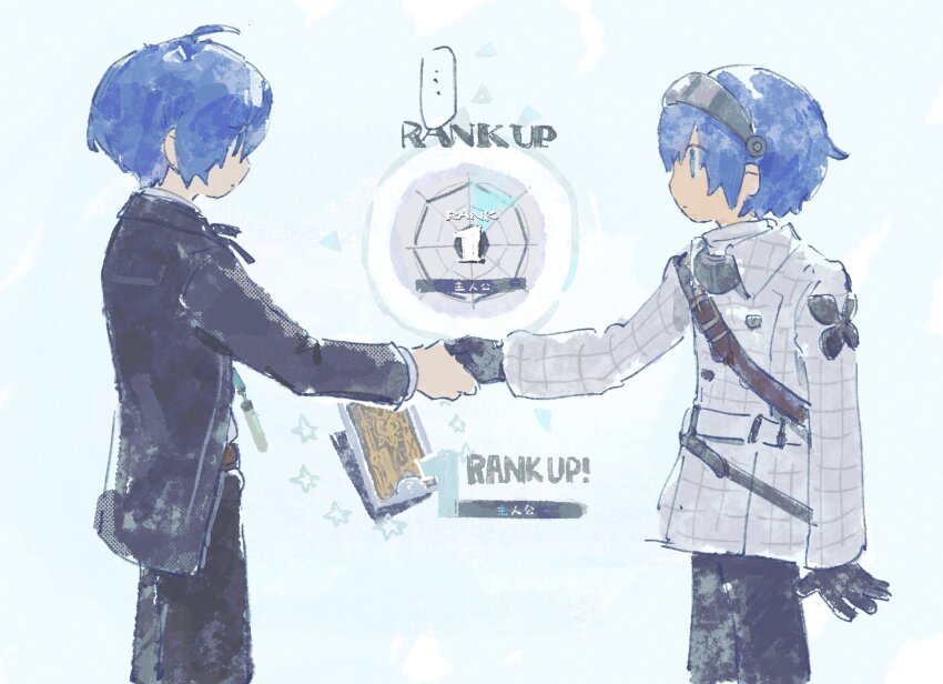 ... 2boys 4sssst black_gloves blue_eyes blue_hair closed_mouth color_connection commentary company_connection crossover digital_media_player digital_walkman english_commentary from_side gameplay_mechanics gekkoukan_high_school_uniform gloves hair_between_eyes hairband handshake highres jacket long_sleeves male_focus matching_hair/eyes metaphor:_refantazio multiple_boys pants persona persona_3 profile protagonist_(metaphor:_refantazio) school_uniform simple_background spoken_ellipsis star_(symbol) trait_connection walkman_nw-s203f yuuki_makoto_(persona_3)