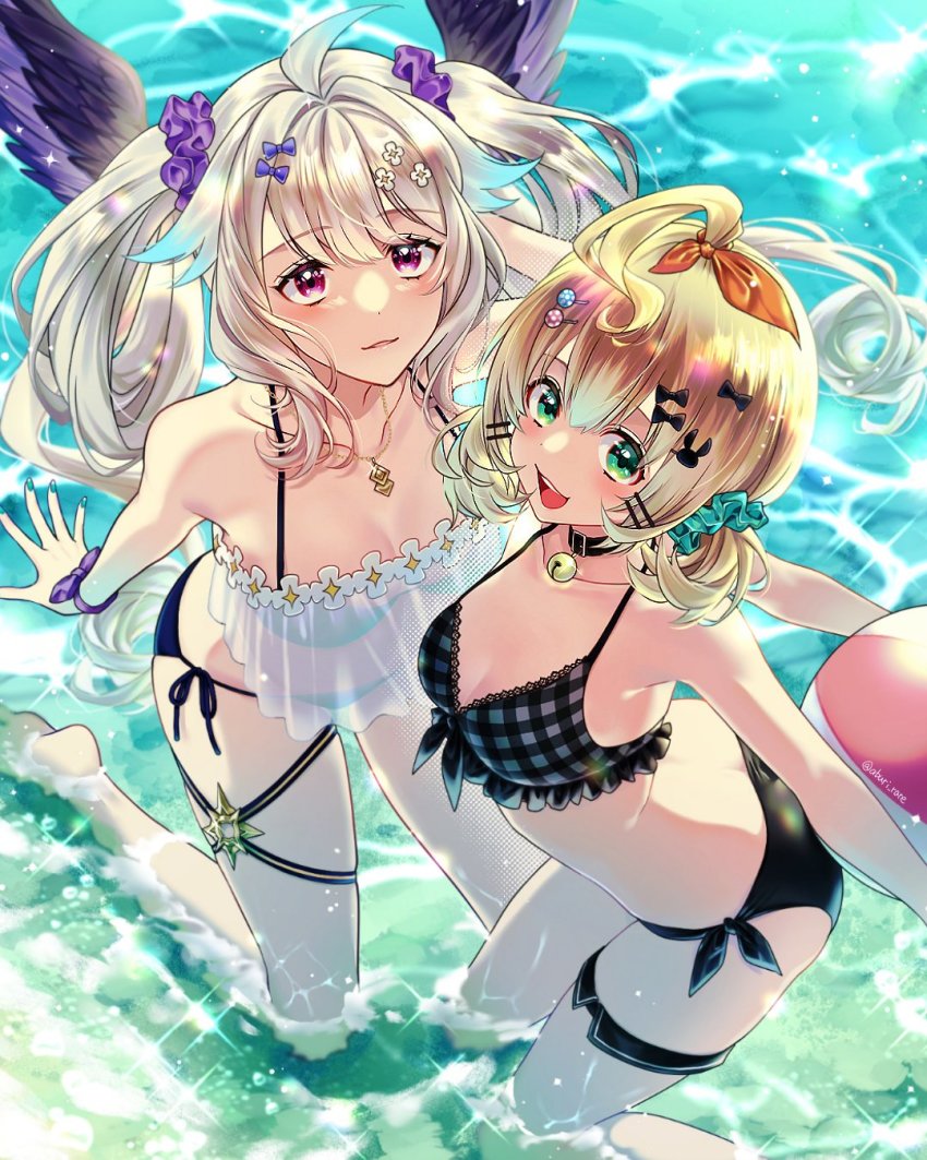 2girls aburi_rare ahoge aqua_scrunchie arms_behind_back bell bikini black_bikini black_headwear blonde_hair bob_cut boots bow bowtie breasts butt_crack choker enna_alouette front-tie_top green_eyes hair_ornament hair_scrunchie hairclip highres jewelry jingle_bell knee_boots kneeling leg_belt light_smile looking_at_viewer medium_breasts millie_parfait multiple_girls neck_bell necklace nijisanji nijisanji_en plaid_bikini plaid_clothes purple_bow purple_bowtie purple_eyes purple_scarf ribbon scarf scrunchie short_hair side-tie_bikini_bottom small_breasts smile swimsuit twintails virtual_youtuber wrist_bow wrist_ribbon