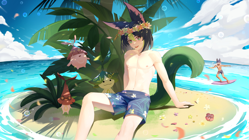 2boys 3others abs absurdres animal_ear_fluff animal_ears anjingxiang aranara_(genshin_impact) bare_legs beach black_hair black_male_swimwear cloud cloudy_sky cyno_(genshin_impact) dark-skinned_male dark_skin earrings floral_print floral_print_pants flower fox_boy fox_ears fox_tail genshin_impact green_eyes green_hair green_tail hair_between_eyes hair_flower hair_ornament highres island jewelry leaf looking_at_viewer male_focus male_swimwear multicolored_hair multiple_boys multiple_others muscular muscular_male navel nipples ocean open_mouth petals short_hair sky smile stomach streaked_hair surfboard surfing tail tighnari_(genshin_impact) topless_male