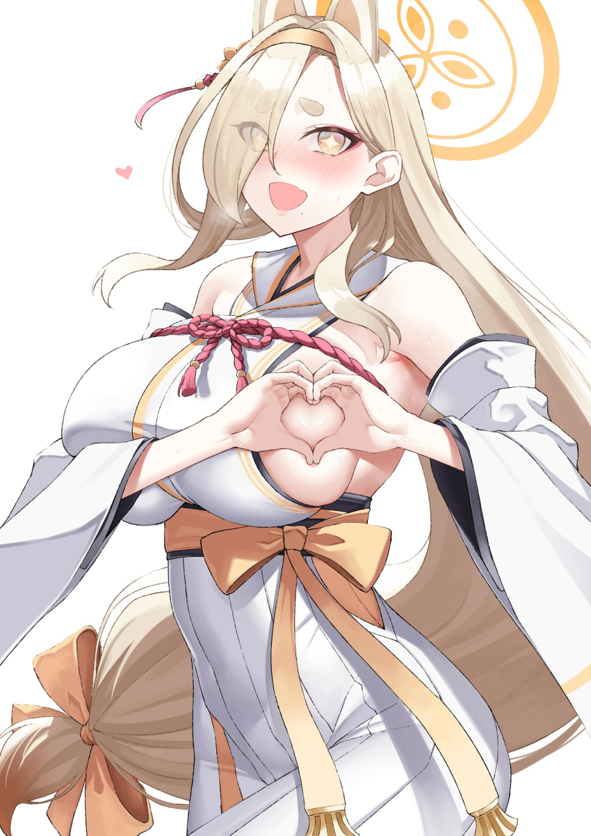 1girl animal_ears asakura_kukuri asymmetrical_bangs bare_shoulders blonde_hair blue_archive blush breasts detached_sleeves extra_ears eyeliner fox_ears hair_over_one_eye hairband halo heart heart-shaped_boob_challenge heart_hands highres japanese_clothes kaho_(blue_archive) kimono large_breasts long_hair long_skirt looking_at_viewer low-tied_long_hair makeup open_mouth pleated_skirt red_rope rope sash short_eyebrows sideboob skirt sleeveless sleeveless_kimono smile solo sparkling_eyes tassel thick_eyebrows very_long_hair white_kimono white_skirt wide_sleeves yellow_eyes