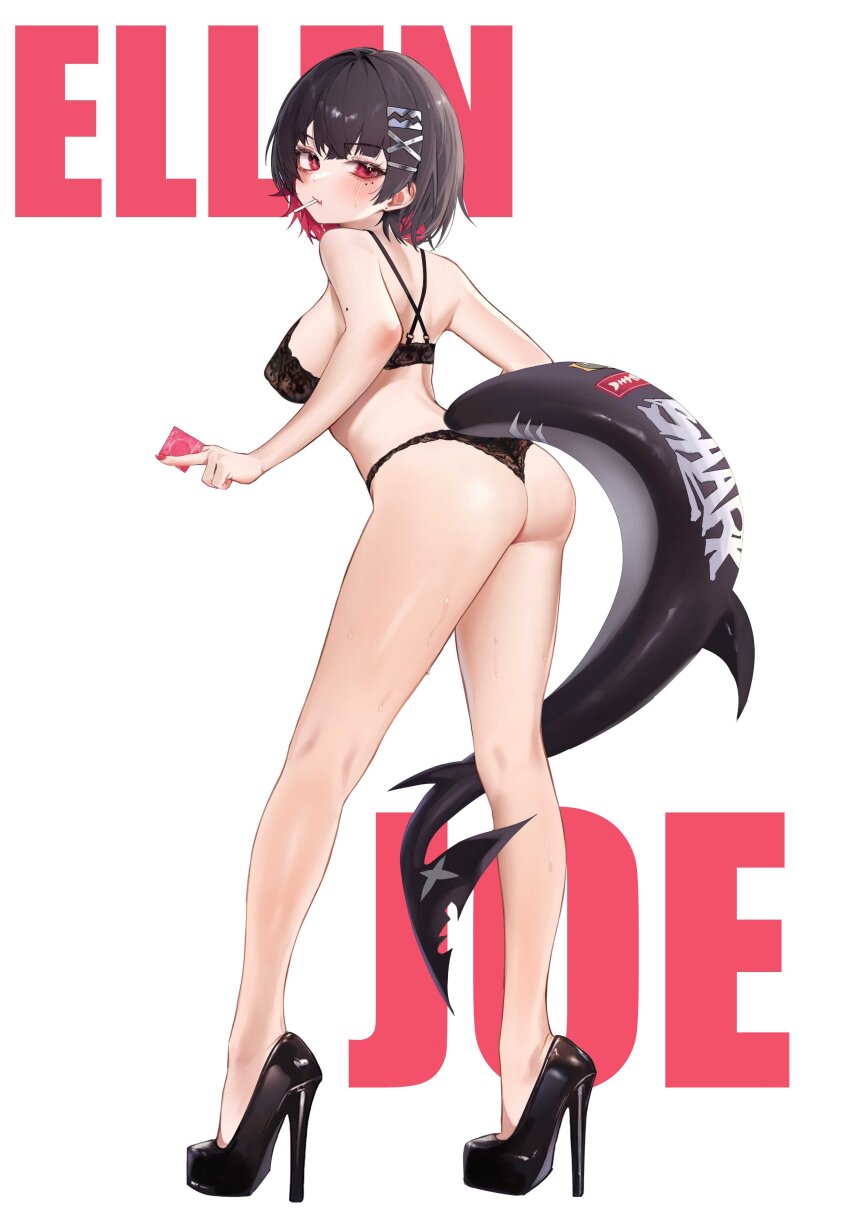 1girl absurdres ass bare_arms bare_legs black_bra black_footwear black_hair black_panties blush bra breasts candy character_name colored_inner_hair condom condom_wrapper ellen_joe fins fish_tail food hair_between_eyes hair_ornament hairclip high_heels highres lollipop looking_at_viewer mole mole_under_eye multicolored_hair panties red_eyes red_hair shark_girl shark_tail short_hair sideboob sidelocks sihana156 simple_background solo tail thong two-tone_hair underwear white_background zenless_zone_zero