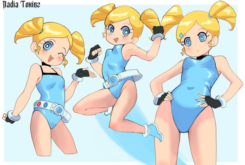 1girl absurdres belt black_gloves blonde_hair blue_eyes blue_leotard choker drill_hair fingerless_gloves gloves goutokuji_miyako hand_on_own_hip highres leotard loose_belt nadia_toxinz powerpuff_girls_z rolling_bubbles thighs twin_drills