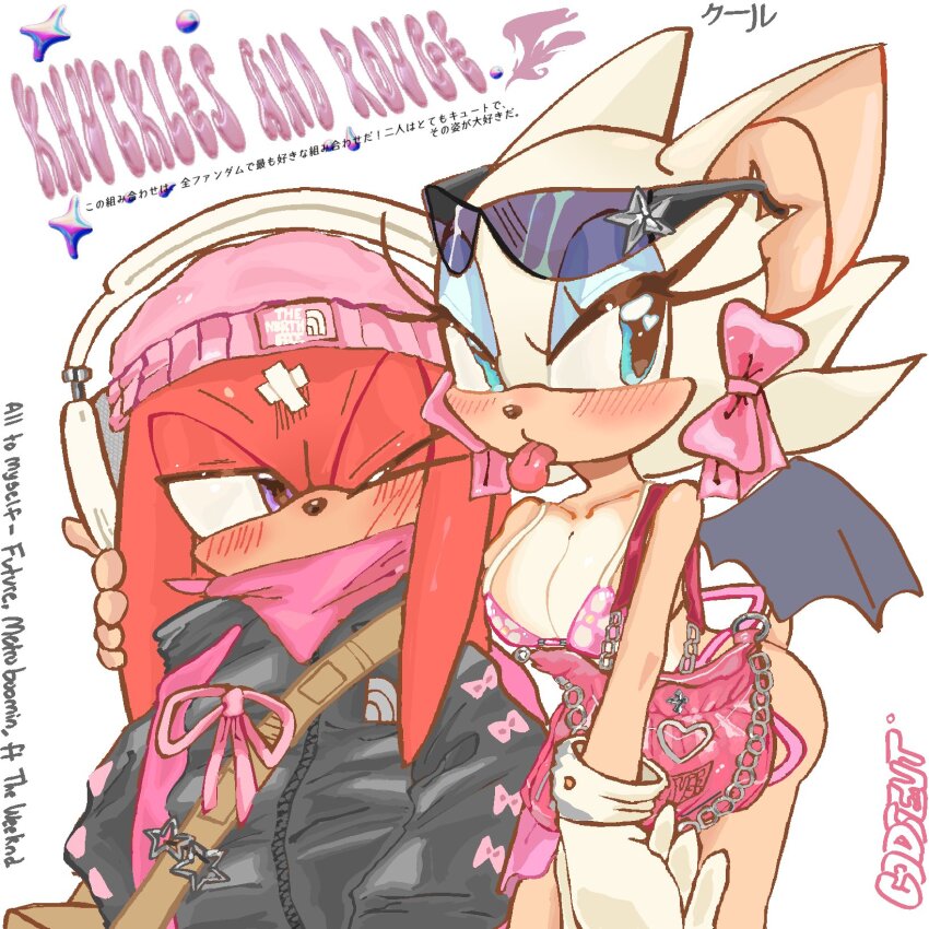 &gt;_o 1boy 1girl alternate_costume ass bandana bat_girl bat_wings beanie black_jacket blue_eyes blue_eyeshadow blush bow bra breasts chain character_name cleavage closed_mouth eyeshadow eyewear_on_head furry furry_female furry_male gloves hat headphones heart highres i3lessings jacket knuckles_the_echidna looking_to_the_side makeup one_eye_closed pink_bandana pink_bow pink_bra pink_hat pink_ribbon pink_skirt purple_eyes red_fur red_hair ribbon rouge_the_bat simple_background skirt sonic_(series) standing sunglasses tail tongue tongue_out underwear upper_body white_background white_fur white_gloves white_hair wings