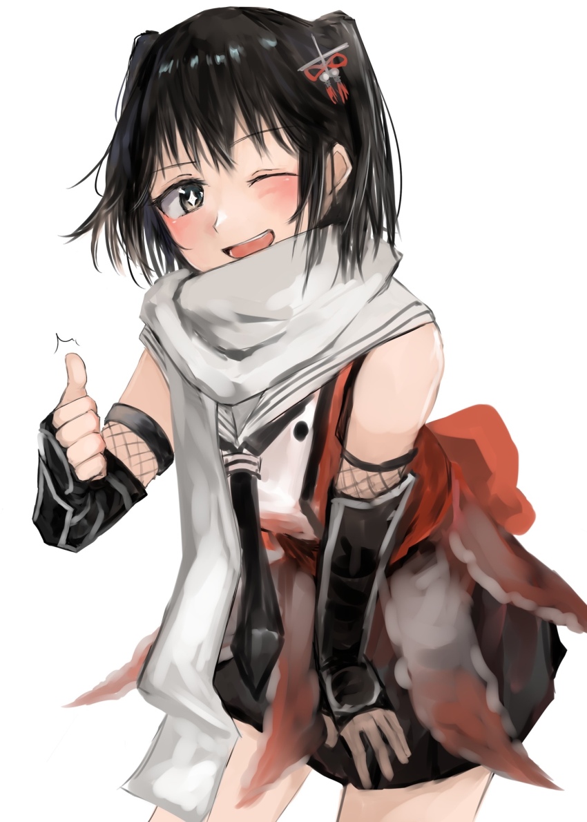 1girl 73suke black_hair black_neckerchief black_skirt brown_eyes buttons commentary_request double-breasted dress elbow_gloves fingerless_gloves gauntlets gloves hand_on_own_thigh highres kantai_collection looking_at_viewer neckerchief open_mouth orange_shirt pleated_dress pleated_skirt scarf school_uniform sendai_(kancolle) sendai_kai_ni_(kancolle) serafuku shirt short_hair simple_background skirt sleeveless sleeveless_shirt smile solo thumbs_up two_side_up white_scarf