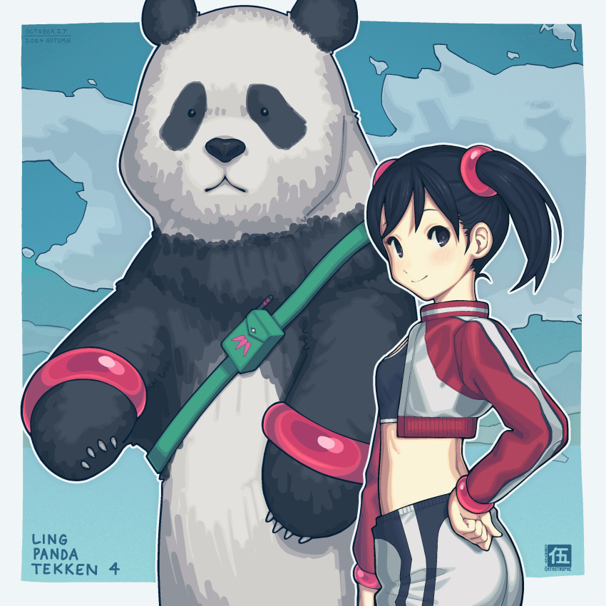 1boy 1girl absurdres alternate_costume artist_logo black_eyes black_hair black_sports_bra bracelet cloud fizzy_(fizzywattr) hand_on_own_hip highres jacket jewelry ling_xiaoyu logo midriff official_alternate_costume panda panda_(tekken) pants red_jacket short_twintails sky sports_bra tekken tekken_4 twintails white_pants