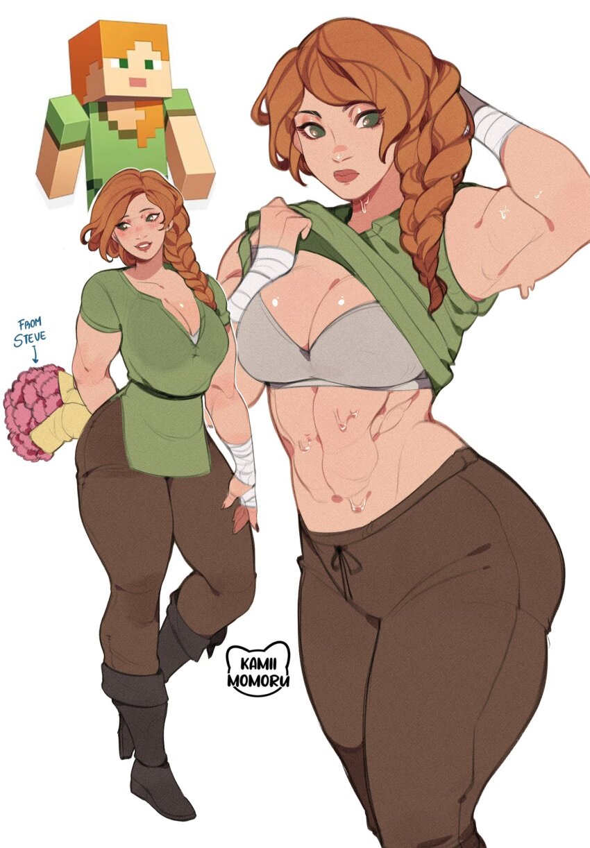 1girl abs alex_(minecraft) bouquet bra breasts brown_footwear cleavage dual_persona flower green_eyes green_shirt highres holding kamii_momoru large_breasts lips long_hair looking_at_viewer midriff minecraft muscular muscular_female navel open_mouth orange_hair pants shirt short_sleeves smile underwear