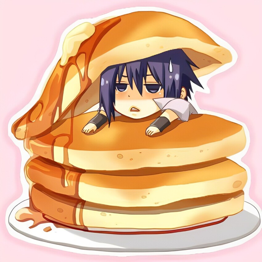 artist_request blue_hair butter food grey_shirt hair_between_eyes hair_in_face highres in_food lying_on_object matching_hair/eyes narrowed_eyes naruto_(series) naruto_shippuuden open_mouth pancake pancake_stack pink_background plate shirt spiked_hair sweatdrop syrup uchiha_sasuke unamused