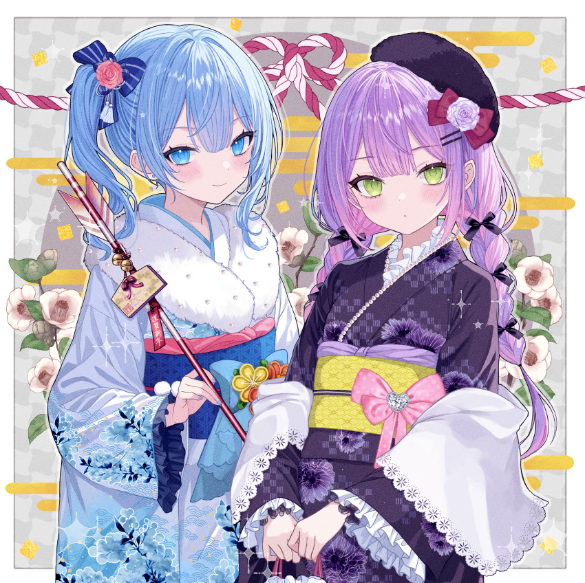 2girls absurdres alternate_costume arrow_(projectile) bag beret blue_bow blue_eyes blue_hair blue_kimono blue_nails bow braid bush center-flap_bangs closed_mouth commentary_request cowboy_shot dot_mouth double-parted_bangs floral_print floral_print_kimono flower frilled_sleeves frills furisode green_eyes hair_bow hair_flower hair_ornament hairclip hamaya happy_new_year hat highres holding holding_arrow holding_bag hololive hoshimachi_suisei japanese_clothes kimono kinchaku long_hair looking_at_viewer low_twin_braids medium_hair multiple_girls nail_polish new_year obi obijime pink_bow pink_flower pouch purple_hair purple_kimono red_bow sash shawl side_ponytail single_sidelock smile star_(symbol) star_in_eye striped_bow symbol_in_eye tokoyami_towa twin_braids virtual_youtuber white_shawl wide_sleeves yuzuriha_(nx_e78)