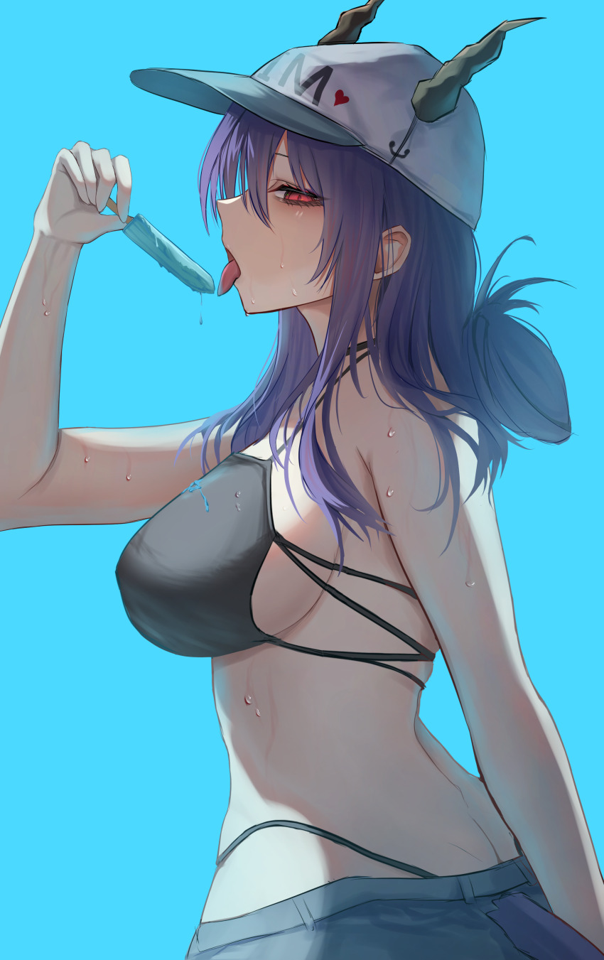 1girl absurdres arknights bare_shoulders bikini bikini_under_shorts black_bikini blue_background blue_hair breasts ch&#039;en_(arknights) denim denim_shorts dragon_girl eastern_dragon_horns female_tourist_c_(arknights) food from_side hat highres holding holding_food holding_popsicle horns horns_through_headwear large_breasts long_hair popsicle red_eyes shorts solo swimsuit takagi_(takag1_k2) tongue tongue_out white_hat