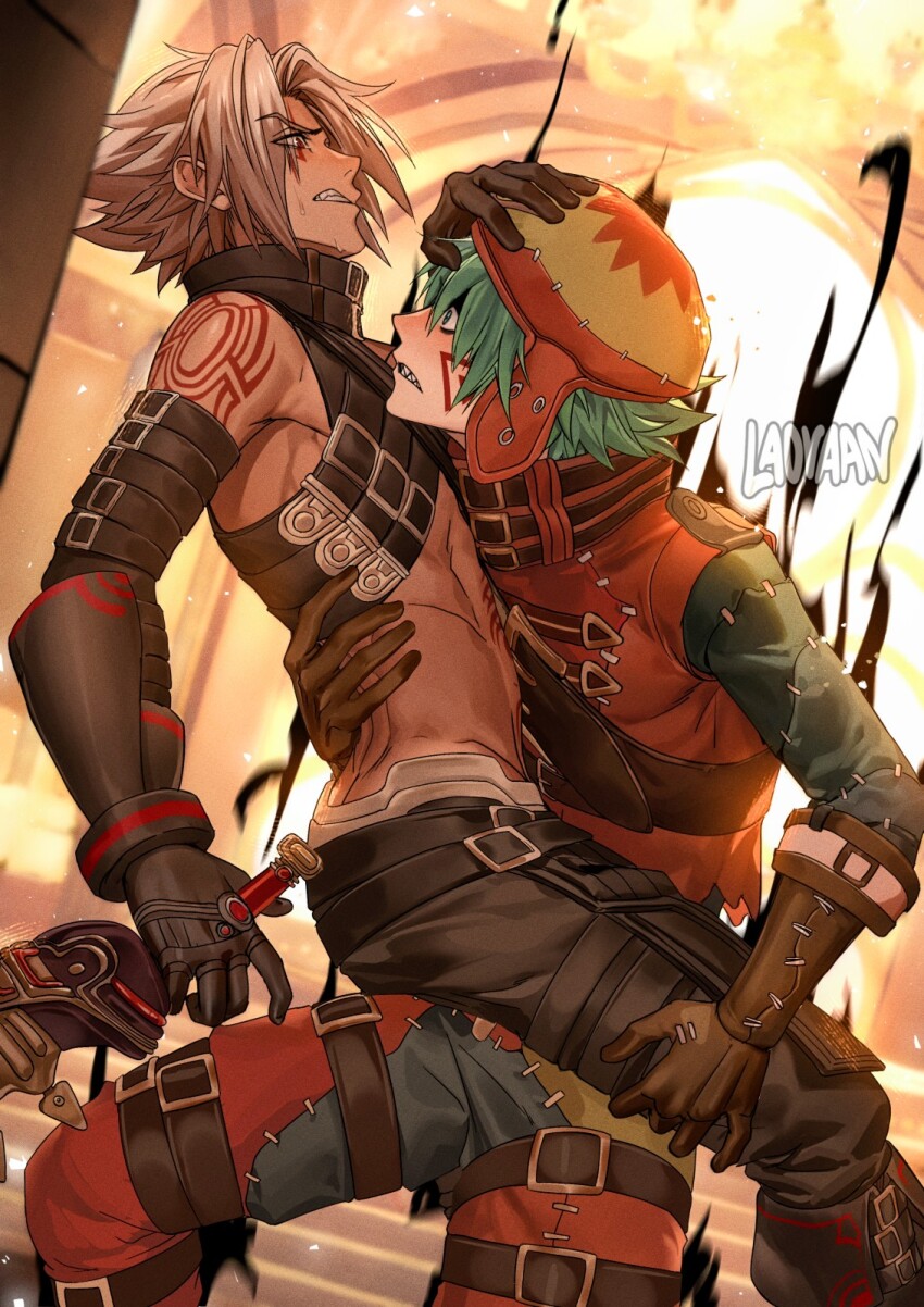 .hack// .hack//g.u. 2boys aqua_hair azure_kite belt belt_collar blush chest_belt collar commentary english_commentary facial_tattoo gloves grey_hair haseo_(.hack//) hat head_on_chest highres holding holding_weapon laovaan leg_belt male_focus multiple_boys orange_hat patchwork_clothes sharp_teeth shoulder_tattoo stitched_sleeves stitches stomach_tattoo tattoo teeth thigh_belt thigh_strap weapon yaoi