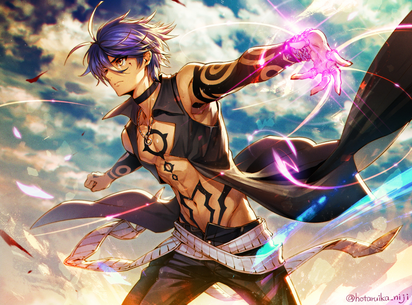 1boy abs belt black_choker black_pants blue_hair body_markings choker cloud cloudy_sky commentary_request highres hotaruika_niji jewelry magic megido72 navel necklace pants ring short_hair sky sleeveless solomon_(megido72) standing stomach tattoo vest yellow_eyes