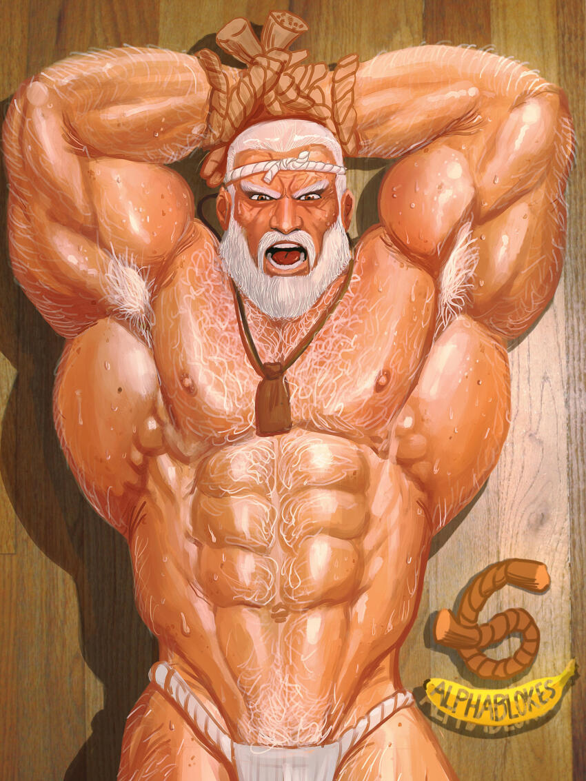 1boy abs absurdres angry armpits bara body_hair bound bound_arms facial_hair fundoshi gouken headband highres iblokes japanese_clothes jewelry muscular muscular_male necklace nipples non-web_source old old_man street_fighter street_fighter_iv_(series) sweat