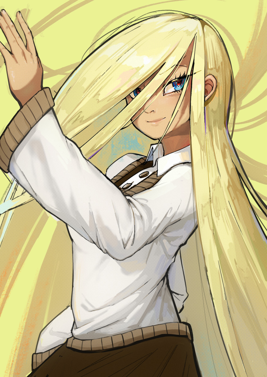 1girl absurdres arm_at_side arm_up big_hair blonde_hair blue_eyes blueberry_tea brown_skirt buttons closed_mouth collared_shirt female_focus hair_between_eyes happy highres long_hair long_hair_between_eyes long_sleeves looking_to_the_side multicolored_eyes original red_eyes shirt sidelocks skirt smile solo standing sweater upper_body very_long_hair white_shirt white_sweater wide_sleeves yellow_background