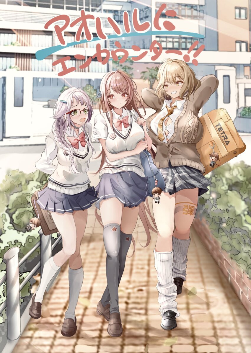 3girls ahoge anis_(nikke) bag_charm blazer blush breasts brown_eyes brown_hair cat_hair_ornament character_charm charm_(object) cleavage commander_(nikke) counters_(nikke) glasses goddess_of_victory:_nikke green_eyes grey_hair hair_ornament highres huge_breasts jacket large_breasts long_hair long_sleeves medium_breasts multiple_girls neckerchief neon_(nikke) open_mouth pinjirooo pleated_skirt rapi_(nikke) red_eyes sailor_collar school_uniform serafuku shirt short_hair skirt smile socks solo thighhighs undersized_clothes white_hair white_shirt