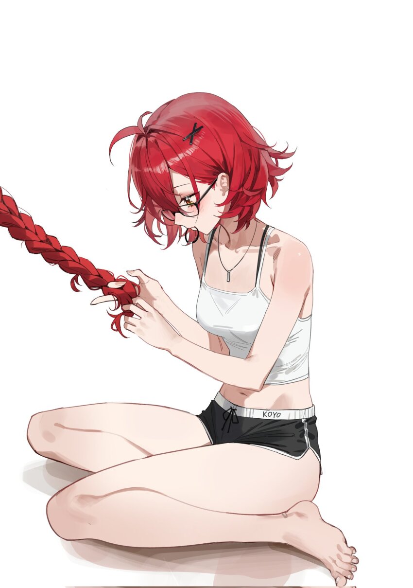 1girl adjusting_another&#039;s_hair aged_down aki_(maenoo) antenna_hair bare_shoulders barefoot black-framed_eyewear black_shorts bra_strap braid braiding_hair breasts glasses hair_ornament hair_tie_in_mouth hairdressing highres jewelry long_hair looking_down maenoo midriff mouth_hold navel necklace original out_of_frame red_hair short_hair short_shorts shorts sitting small_breasts spaghetti_strap thighs tying_another&#039;s_hair wariza white_background x_hair_ornament yellow_eyes