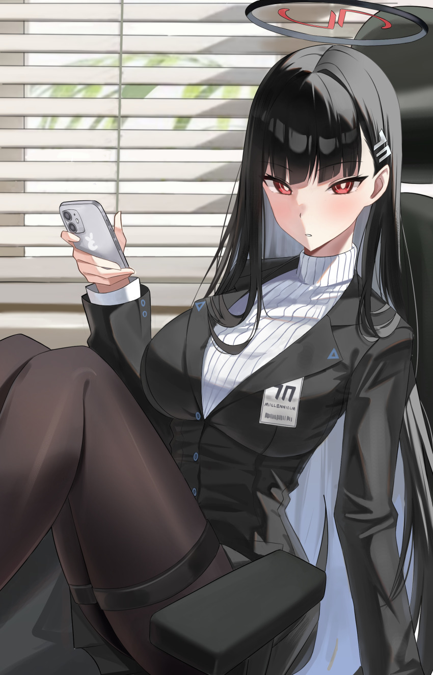 1girl absurdres black_hair black_pantyhose blazer blue_archive blue_hair blush breasts cellphone cunaja halo highres holding holding_phone jacket large_breasts long_hair looking_at_viewer multicolored_hair pantyhose parted_lips phone pleated_skirt red_eyes ribbed_sweater rio_(blue_archive) sitting skirt smartphone solo sweater turtleneck turtleneck_sweater two-tone_hair