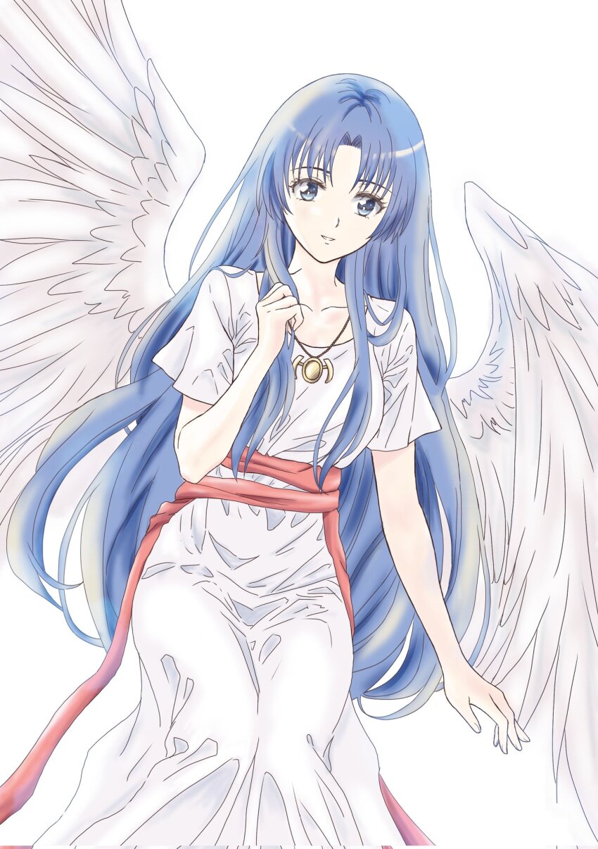 1girl ancient_ys_vanished angel_wings blue_eyes blue_hair collarbone commentary_request curtained_hair dress eyelashes feena_(ys) gold_necklace gotoco18 highres jewelry long_dress long_hair necklace red_sash sash simple_background smile solo teeth white_background white_dress wings ys