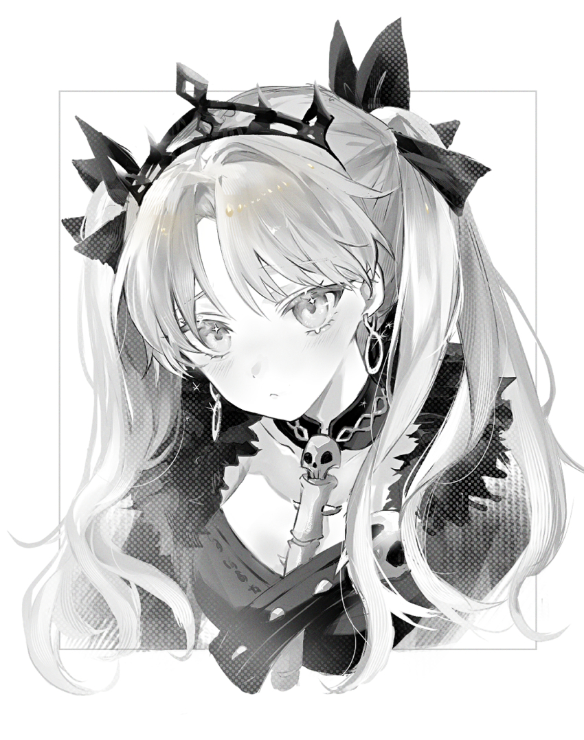 1girl earrings ereshkigal_(fate) fate/grand_order fate_(series) fur_trim greyscale highres jewelry long_hair monochrome nigiri portrait skull_ornament tiara two_side_up