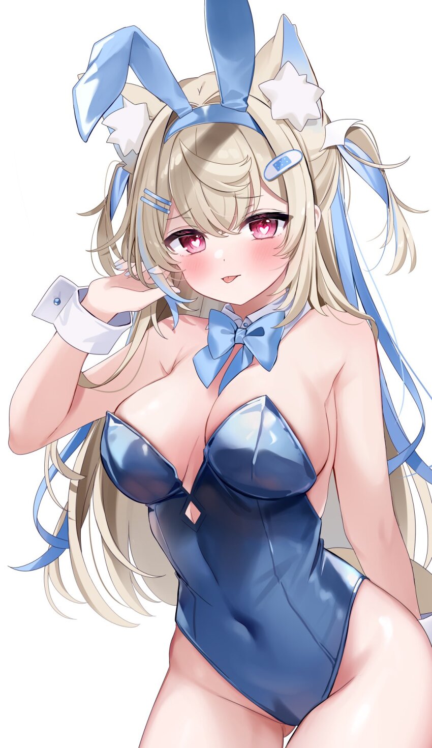 1girl :p animal_ear_fluff animal_ears bandaid bandaid_hair_ornament blonde_hair blue_hair blue_leotard blush breasts chocola_vt cowboy_shot dog_ears dog_girl dog_tail fake_animal_ears fuwawa_abyssgard hair_ornament hairclip heart heart-shaped_pupils highres hololive hololive_english large_breasts leotard multicolored_hair pink_eyes playboy_bunny rabbit_ears simple_background solo streaked_hair symbol-shaped_pupils tail tongue tongue_out two_side_up virtual_youtuber white_background wrist_cuffs