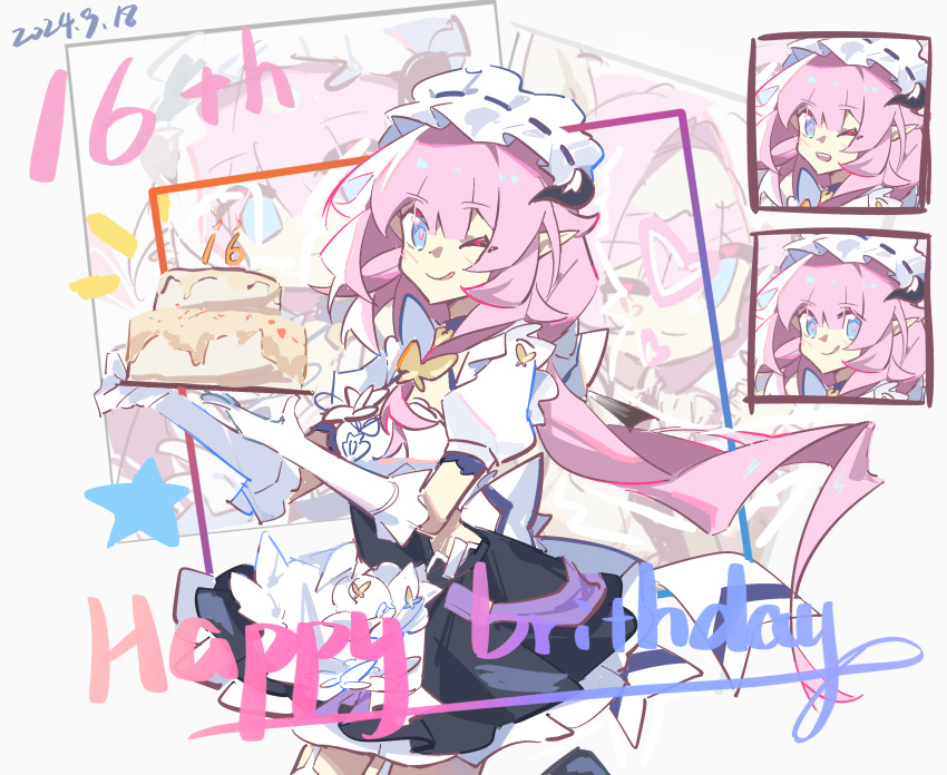 1girl absurdres apron birthday_cake black_dress blue_eyes butterfly_hair_ornament cake chinese_commentary commentary_request cowboy_shot dated dress elf elysia_(honkai_impact) elysia_(miss_pink)_(honkai_impact) elysia_(miss_pink_elf)_(honkai_impact) fake_horns food gloves hair_ornament happy_birthday highres holding holding_cake holding_food honkai_(series) honkai_impact_3rd horns long_hair maid maid_apron maid_headdress multiple_views one_eye_closed open_mouth pink_hair pointy_ears puffy_short_sleeves puffy_sleeves short_sleeves star_(symbol) teeth thighs ticra tongue tongue_out upper_teeth_only white_apron white_gloves zoom_layer