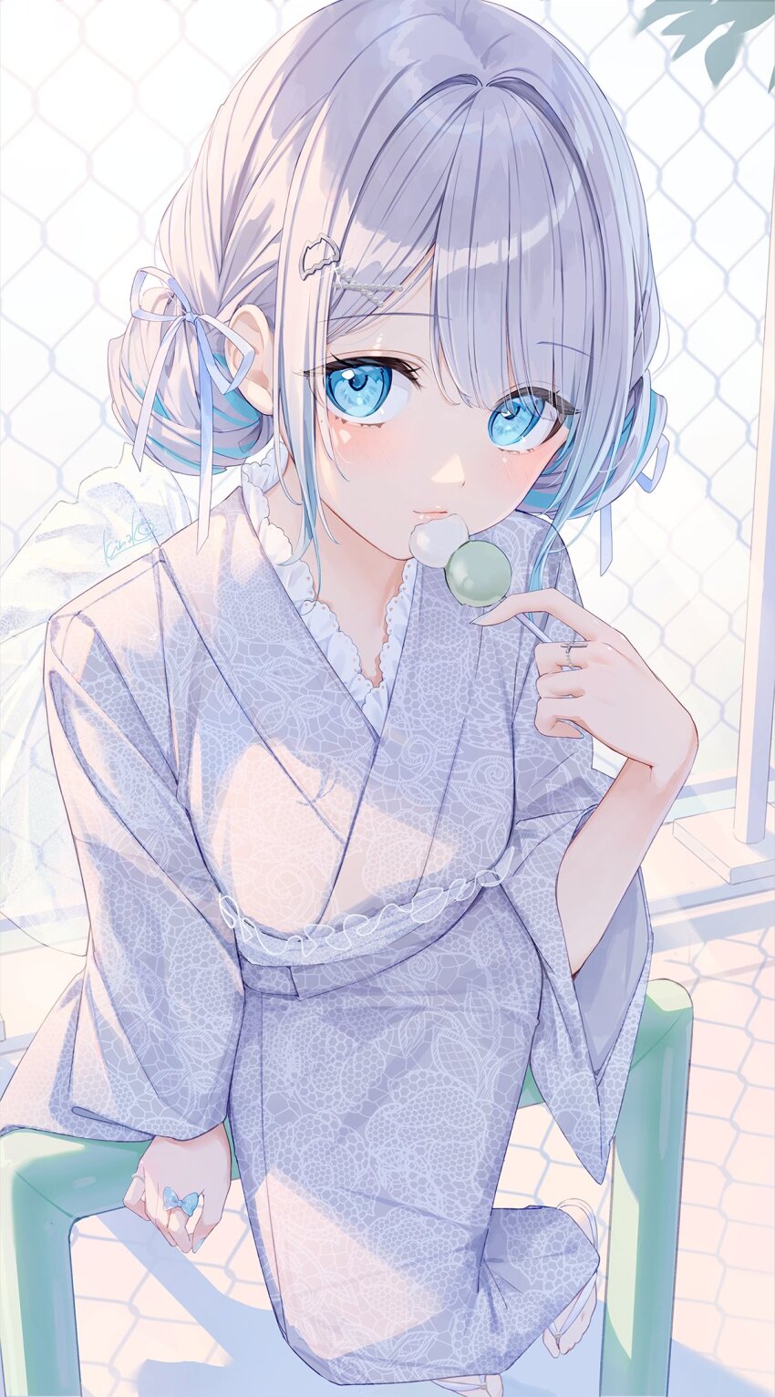 1girl against_railing alternate_costume blue_eyes chain-link_fence dango double_bun fence food frills from_above hair_bun hair_intakes hair_ornament hair_ribbon hairpin highres holding holding_food japanese_clothes jewelry kaga_sumire kimono kinako_(shiratama_mochi) looking_at_viewer lupinus_virtual_games multicolored_hair multiple_rings nail_polish obi railing ribbon ring sandals sanshoku_dango sash sitting solo streaked_hair virtual_youtuber vspo! wagashi white_hair yukata