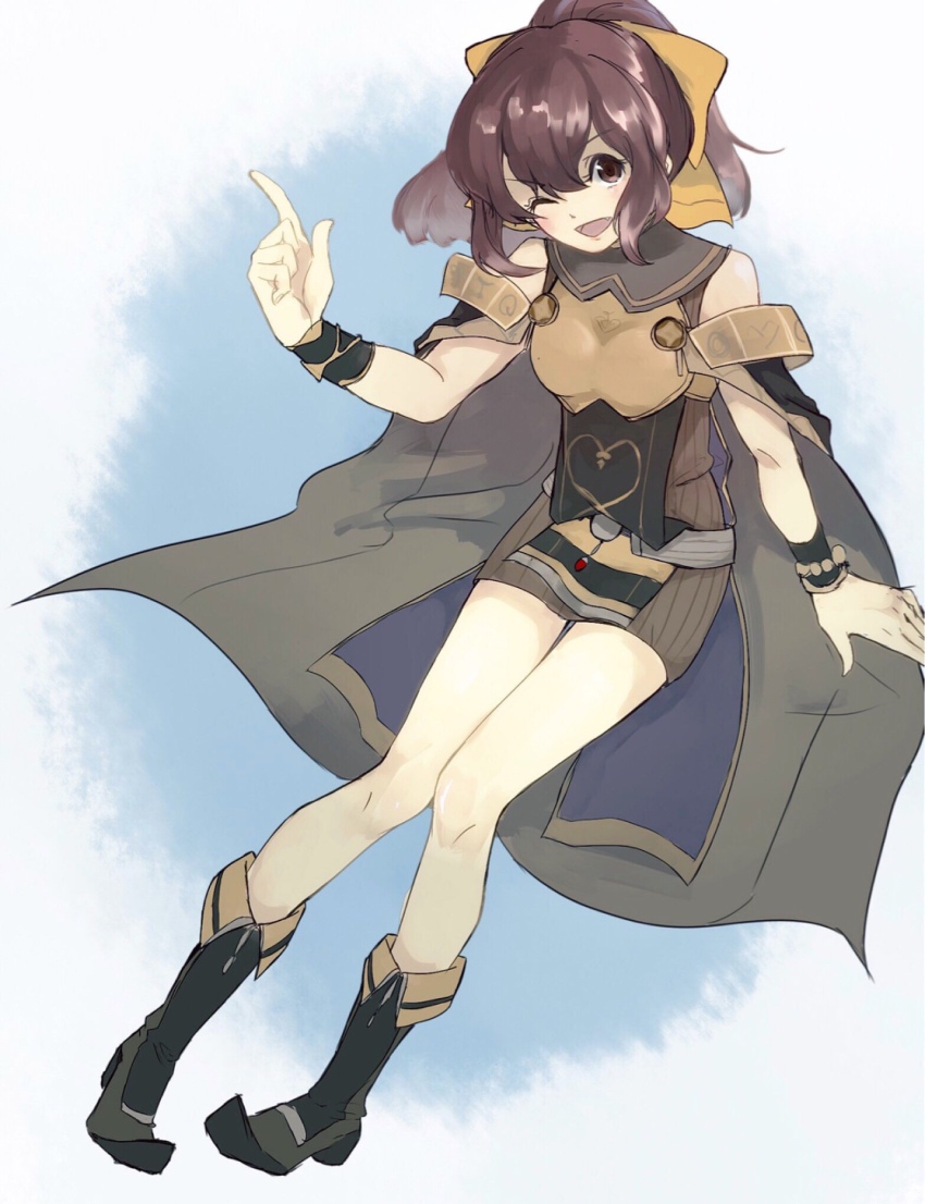 1girl armor blue_background boots breastplate brown_eyes brown_hair cape chikefu delthea_(fire_emblem) dress female_focus fire_emblem fire_emblem_echoes:_shadows_of_valentia full_body hair_ribbon highres index_finger_raised looking_at_viewer nintendo one_eye_closed open_mouth ribbon short_dress short_hair simple_background sleeveless smile solo tabard thighs wrist_cuffs