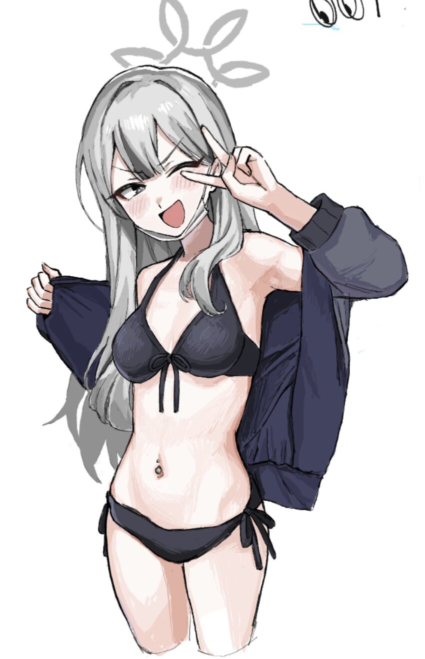 1girl bikini black_bikini black_jacket blue_archive blush breasts cropped_legs gisuta_sunshine grey_eyes grey_hair hair_between_eyes halo highres jacket konoka_(blue_archive) long_hair long_sleeves medium_breasts navel_piercing one_eye_closed open_clothes open_jacket open_mouth piercing simple_background swimsuit v v_over_eye very_long_hair white_background