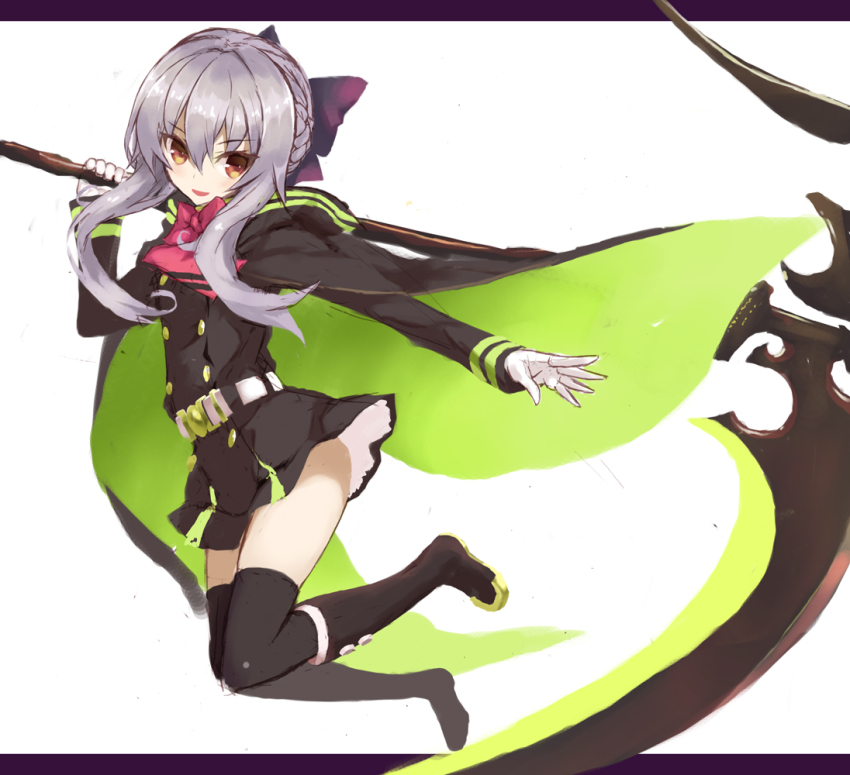 10s 1girl belt black_footwear black_skirt boots bow buttons cape female_focus full_body gloves goekawa hair_bow hiiragi_shinoa holding holding_weapon knee_boots letterboxed long_sleeves military military_uniform outstretched_arm over_shoulder owari_no_seraph purple_hair scythe short_hair_with_long_locks simple_background skirt solo thighhighs thighs weapon weapon_over_shoulder white_background white_gloves yellow_eyes zettai_ryouiki