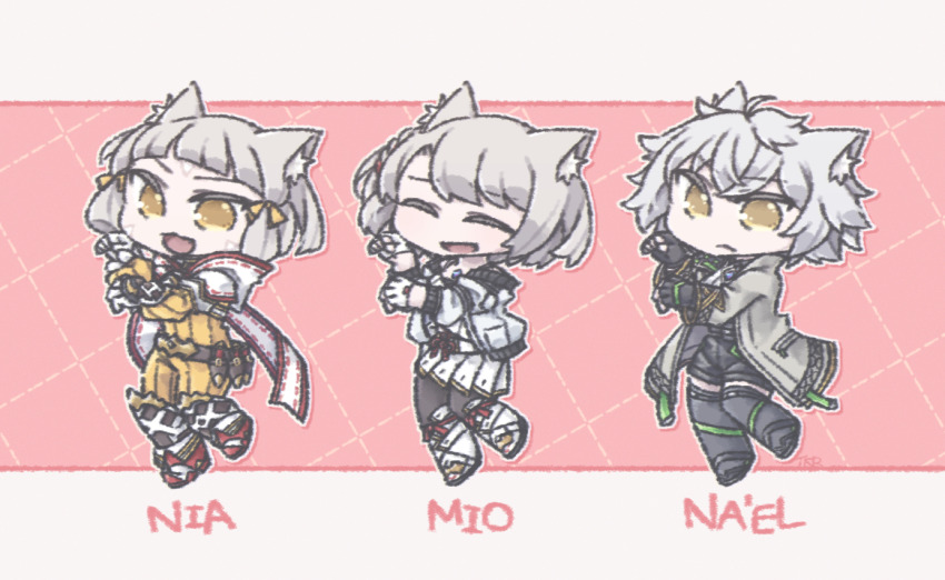 3girls animal_ears cat_ears cat_pose chibi great-grandmother_and_great-granddaughter great-great-granmother_and_great-great-granddaughter mio_(xenoblade) mother_and_daughter multiple_girls na&#039;el_(xenoblade) nia_(xenoblade) short_hair xenoblade_chronicles_(series) xenoblade_chronicles_2 xenoblade_chronicles_3 xenoblade_chronicles_3:_future_redeemed