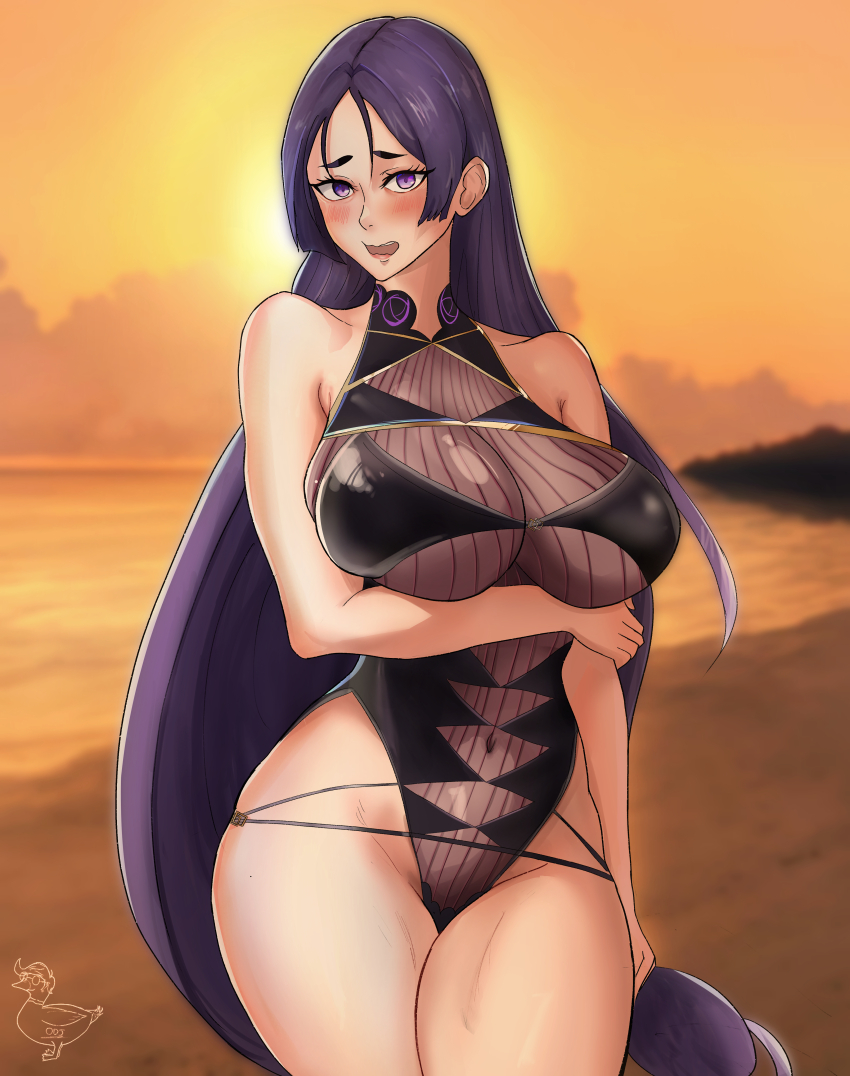 1girl arm_under_breasts artist_name bare_shoulders blush fate/grand_order fate_(series) female_focus highres legs_together long_hair minamoto_no_raikou_(fate) murasaki_shikibu_(swimsuit_rider)_(fate)_(cosplay) oldmanjenkins purple_eyes purple_hair shiny_skin sunset swimsuit thick_thighs thighs