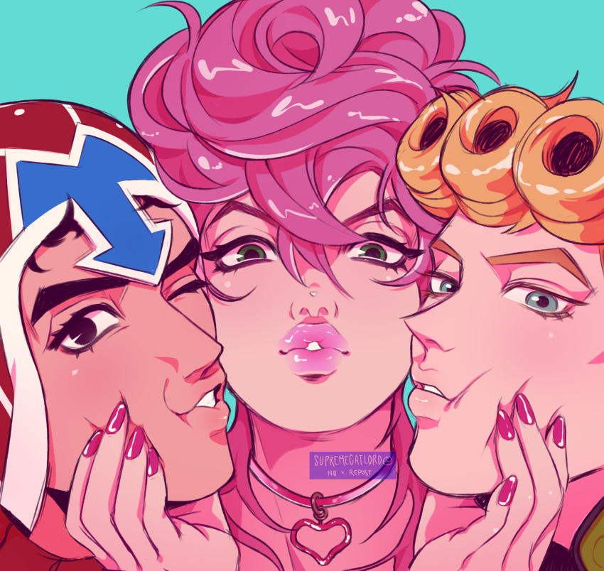 1girl 2boys aqua_background bad_id bad_pixiv_id black_eyes black_hair blonde_hair choker giorno_giovanna green_eyes grey_eyes guido_mista hair_between_eyes heart heart_choker highres jojo_no_kimyou_na_bouken multiple_boys nail_polish one_eye_closed pink_hair pink_nails portrait simple_background supremecatlord trish_una vento_aureo