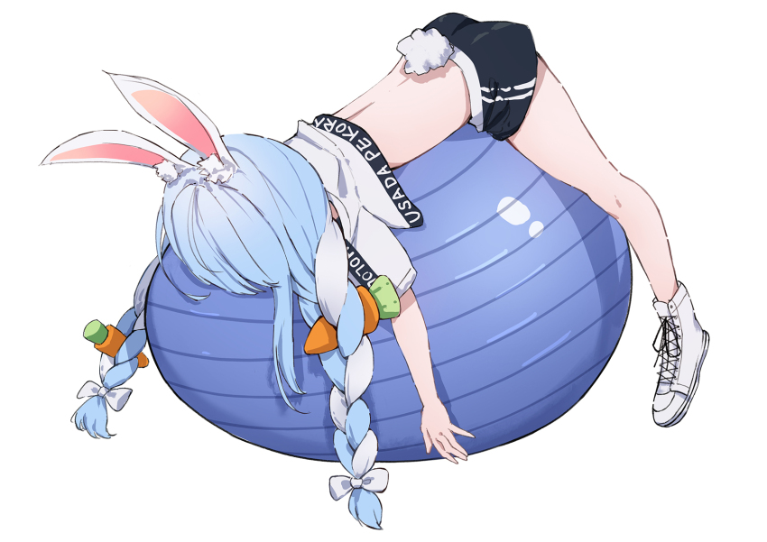 1girl animal_ear_fluff animal_ears ball blue_hair bow braid carrot carrot_hair_ornament commentary exercise_ball food-themed_hair_ornament from_behind hair_ornament highres hololive hololive_dance_practice_uniform juu_p long_hair multicolored_hair official_alternate_costume rabbit_ears rabbit_girl rabbit_tail shoes shorts simple_background sneakers solo sportswear tail twin_braids two-tone_hair usada_pekora virtual_youtuber white_background white_footwear white_hair