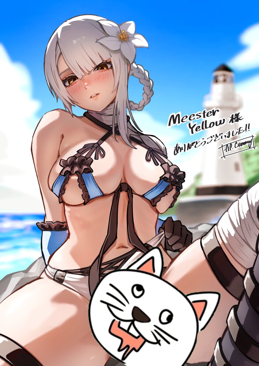 1girl absurdres ap_cammy beach bikini blue_bikini censored commission flower hair_flower hair_ornament highres kaine_(nier) nier nier_(series) ocean shorts sitting solo swimsuit translation_request white_flower white_hair white_shorts yellow_eyes