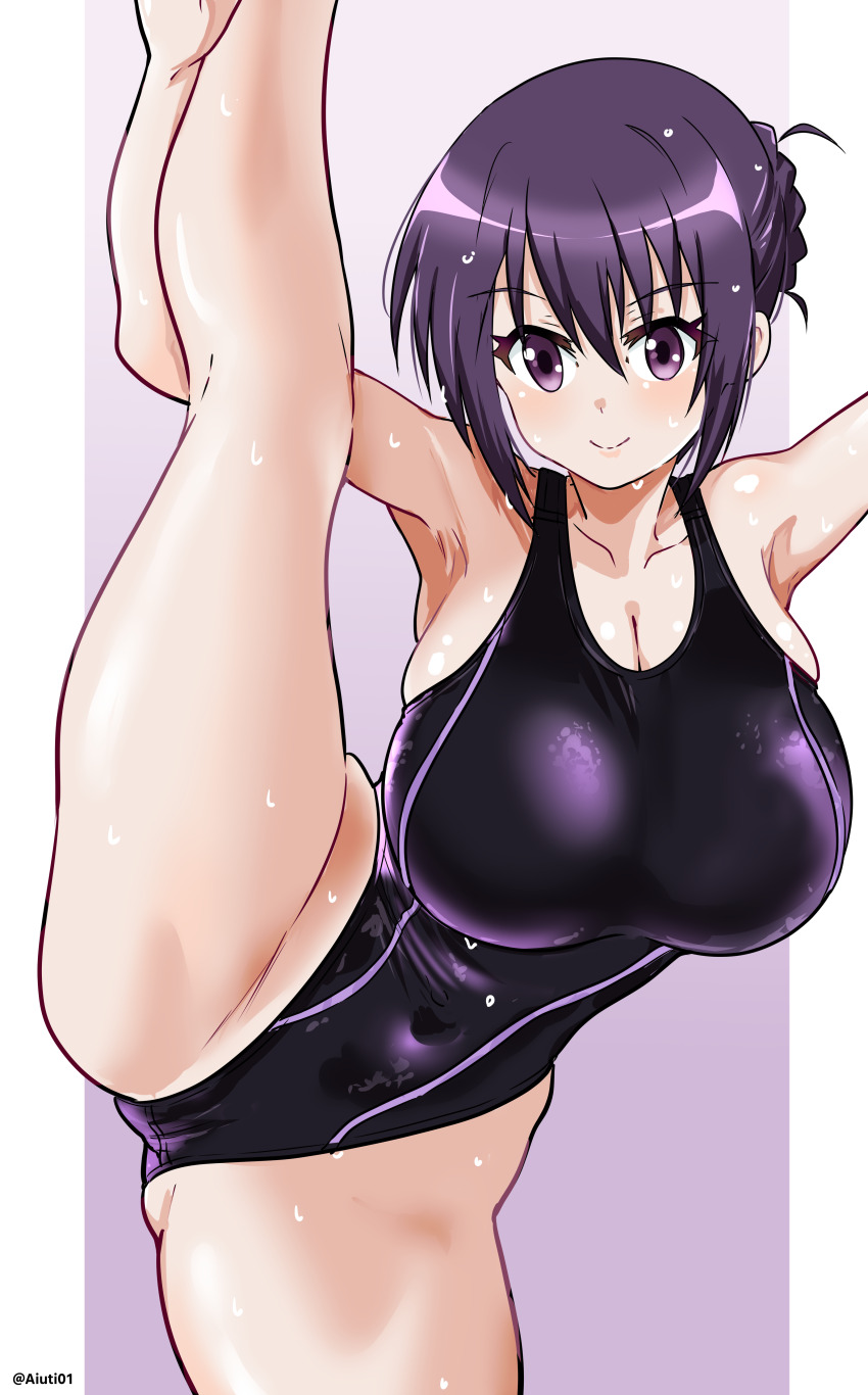 1girl absurdres aiuti alternate_hairstyle black_hair black_one-piece_swimsuit braid braided_bun breasts cleavage competition_swimsuit covered_navel cowboy_shot gochuumon_wa_usagi_desu_ka? hair_between_eyes hair_bun highres large_breasts long_hair looking_at_viewer one-piece_swimsuit purple_hair solo split standing standing_on_one_leg standing_split swimsuit tedeza_rize wet wet_clothes wet_hair wet_swimsuit