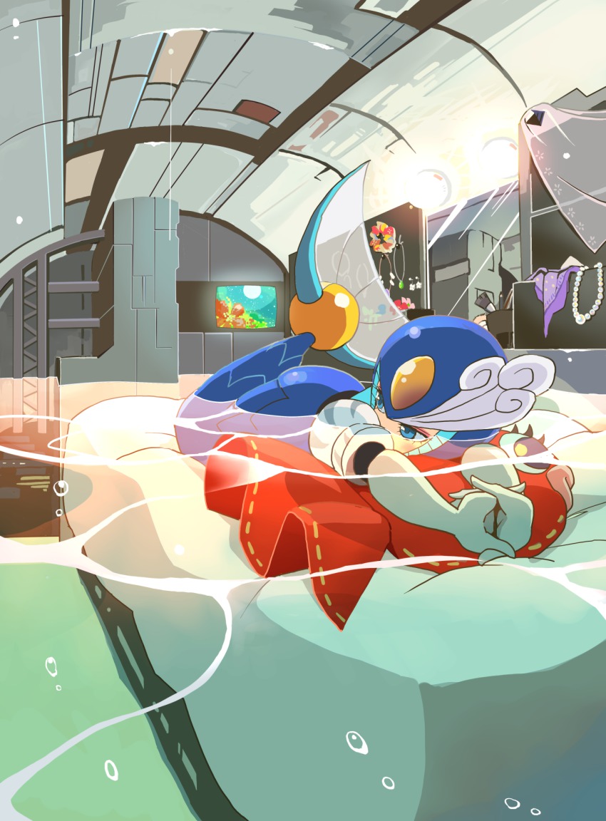 1girl android bed bedroom blue_eyes capcom coramune elbow_gloves female_focus fish gloves helmet highres jewelry lantern lying mega_man_(classic) mega_man_(series) mega_man_9 mermaid monster_girl necklace robot room solo splash_woman stuffed_animal stuffed_toy television wardrobe water