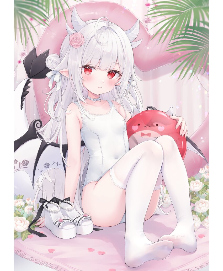 absurdres bad_link breasts feet highres horns kamuri_amuru red_eyes small_breasts stocks swimsuit white_hair