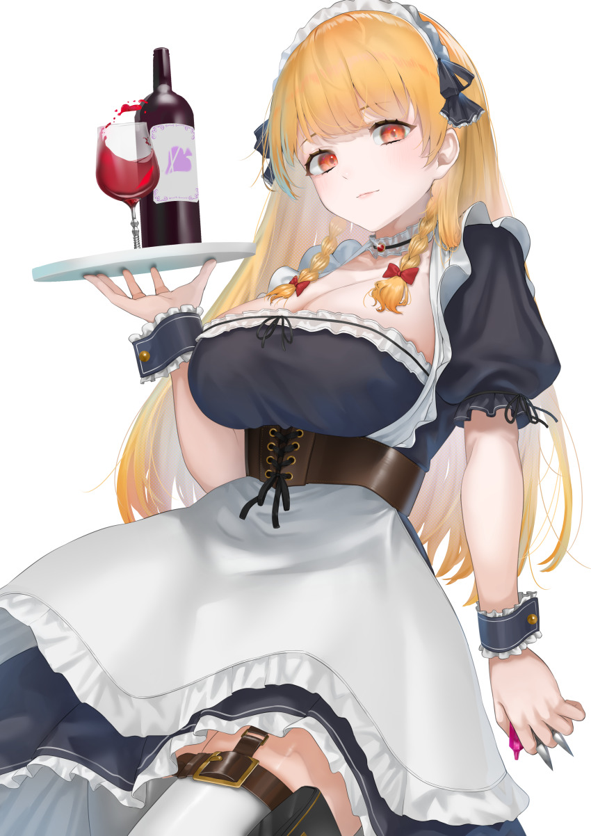 1girl absurdres alcohol blonde_hair bottle breasts cleavage commission cup drinking_glass garter_straps highres large_breasts light_smile long_hair looking_at_viewer maid maid_headdress orange_eyes original pixiv_commission rushian simple_background solo thighhighs white_background white_thighhighs wine wine_bottle wine_glass wrist_cuffs