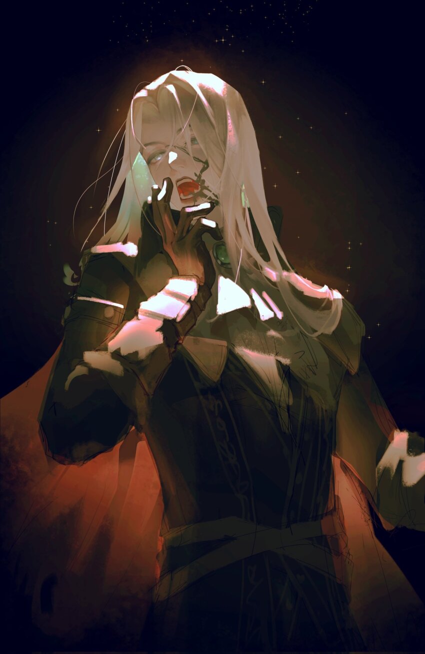 1girl ascot blood bloodborne cape coat gem geranbb gloves highres lady_maria_of_the_astral_clocktower long_hair looking_at_viewer open_mouth simple_background solo upper_body white_ascot white_hair