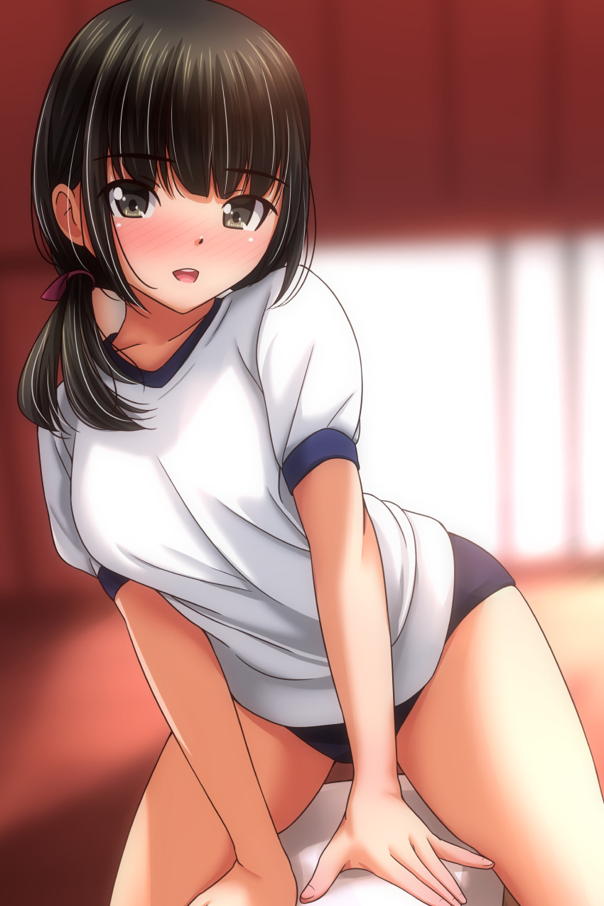 1girl absurdres black_buruma black_hair blurry blurry_background blush brown_eyes buruma collarbone commentary_request gym gym_uniform hair_over_shoulder highres indoors looking_at_viewer matsunaga_kouyou open_mouth original shirt short_sleeves smile solo teeth thighs upper_teeth_only vaulting_horse white_shirt