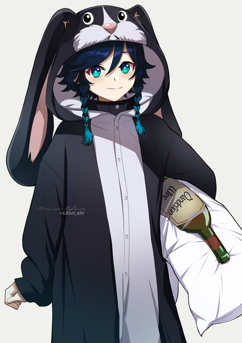 1boy absurdres animal_hood aqua_eyes aqua_hair black_hair black_hoodie blue_hair braid closed_mouth dakimakura_(object) genshin_impact gradient_hair hair_between_eyes highres hood hoodie light_blush lkari_shi long_sleeves looking_at_viewer male_focus medium_hair multicolored_hair pillow rabbit_hood smile solo twin_braids twitter_username venti_(genshin_impact) white_background