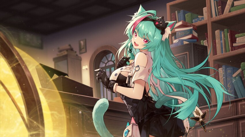 1girl ahoge animal_ear_fluff animal_ears aqua_hair black_dress black_gloves bookshelf breasts capelet cat_ears cat_girl cat_tail clothing_cutout cowboy_shot cross_in_eye dress from_side gloves hair_ornament highres indoors jiusan_naitang large_breasts long_hair looking_at_viewer looking_to_the_side mint_(neverness_to_everness) multicolored_hair neverness_to_everness open_mouth red_eyes short_dress shoulder_cutout smile solo standing streaked_hair tail very_long_hair white_capelet