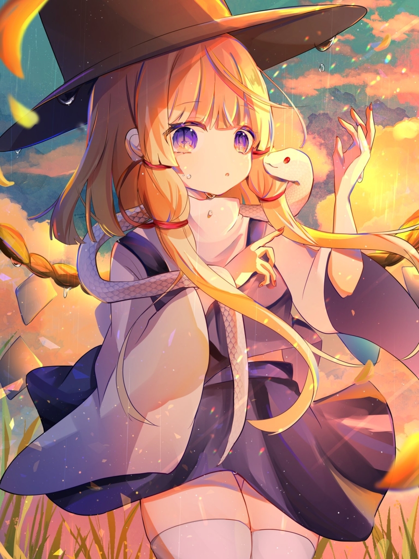 1girl blonde_hair brown_hat cloud cloudy_sky commentary_request evening grass hair_ribbon hand_up hat highres long_sidelocks long_sleeves looking_at_viewer medium_hair midriff_peek moriya_suwako osyorasyora outdoors parted_lips purple_eyes purple_skirt purple_vest red_nails red_ribbon ribbon rope shide shimenawa shirt sidelocks skirt skirt_set sky snake solo thighhighs touhou turtleneck turtleneck_shirt twitter_username vest water_drop white_shirt white_thighhighs wide_sleeves zettai_ryouiki