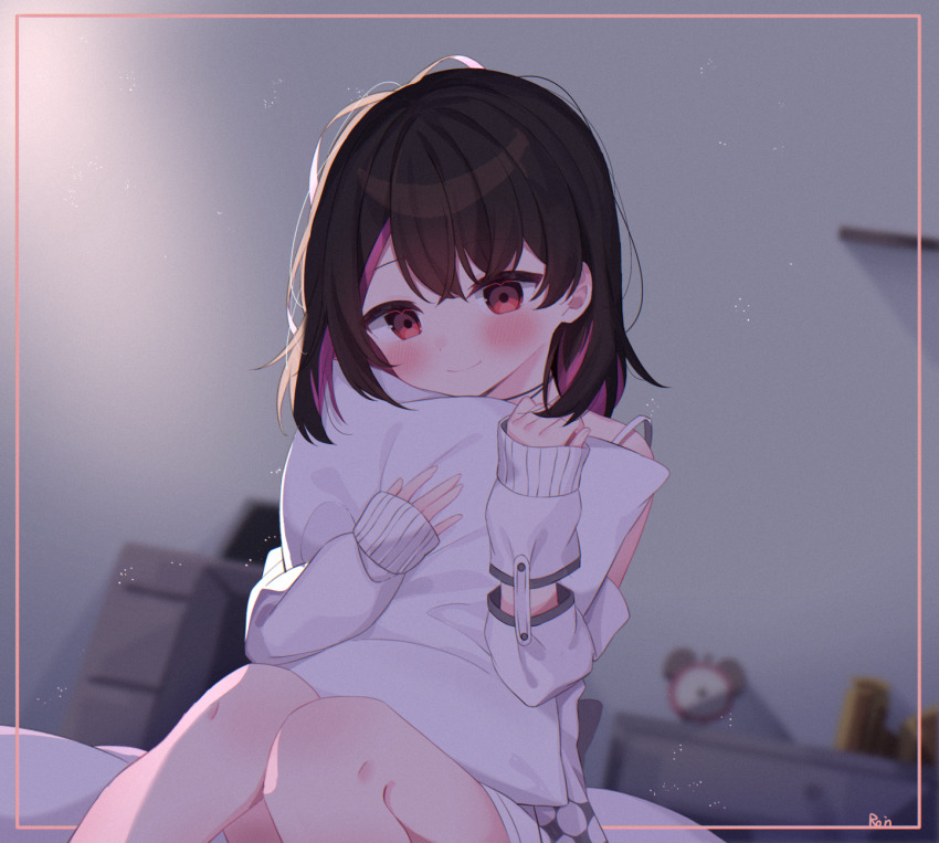 1girl alarm_clock black_hair blurry blurry_background blush camisole clock closed_mouth commentary_request depth_of_field feet_out_of_frame hair_between_eyes highres hugging_object indie_virtual_youtuber indoors knees_together_feet_apart knees_up koucha_latte long_sleeves looking_at_viewer multicolored_hair off_shoulder pillow pillow_hug pink_hair puffy_long_sleeves puffy_sleeves red_eyes roin sleeves_past_wrists smile solo two-tone_hair white_camisole