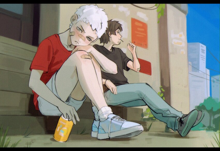 aged_down aragaki_shinjirou bandaid bandaid_on_face bandaid_on_knee bandaid_on_leg black_footwear black_shirt blue_pants blue_sky blush brown_hair building can child closed_mouth commentary crossed_ankles denim drink_can english_commentary frown grass grey_eyes hand_on_own_knee highres jeans limach-an looking_down looking_to_the_side outdoors pants persona persona_3 plant power_lines red_shirt sanada_akihiko shirt shoes short_hair shorts sitting sky sneakers soda soda_can stairs t-shirt tree white_footwear white_hair white_shorts