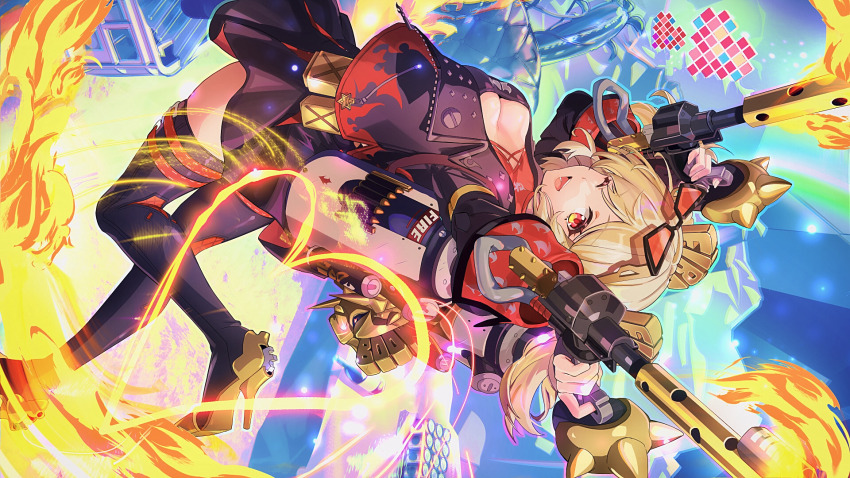 1girl aratakosu_(tako&#039;s) black_jacket black_skirt black_thighhighs black_tube_top blonde_hair blue_background breasts burnice_white cleavage eyewear_on_head fire flamethrower high_heels highres holding holding_flamethrower holding_weapon jacket large_breasts looking_at_viewer one_eye_closed open_mouth pleated_skirt propane_tank red-tinted_eyewear red_eyes skirt solo strapless thighhighs tinted_eyewear tube_top two_side_up upside-down weapon zenless_zone_zero