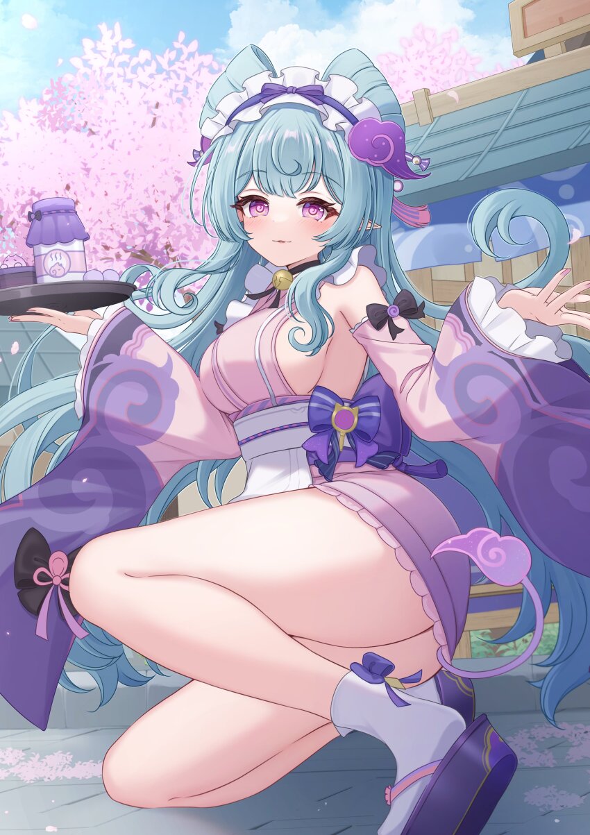 1girl absurdres aqua_hair bell breasts commentary detached_sleeves genshin_impact highres japanese_clothes long_hair long_sleeves looking_at_viewer neck_bell on_one_knee outdoors parted_lips pointy_ears purple_eyes sandals sideboob smile socks solo tabi white_socks yukiunag1 yumemizuki_mizuki